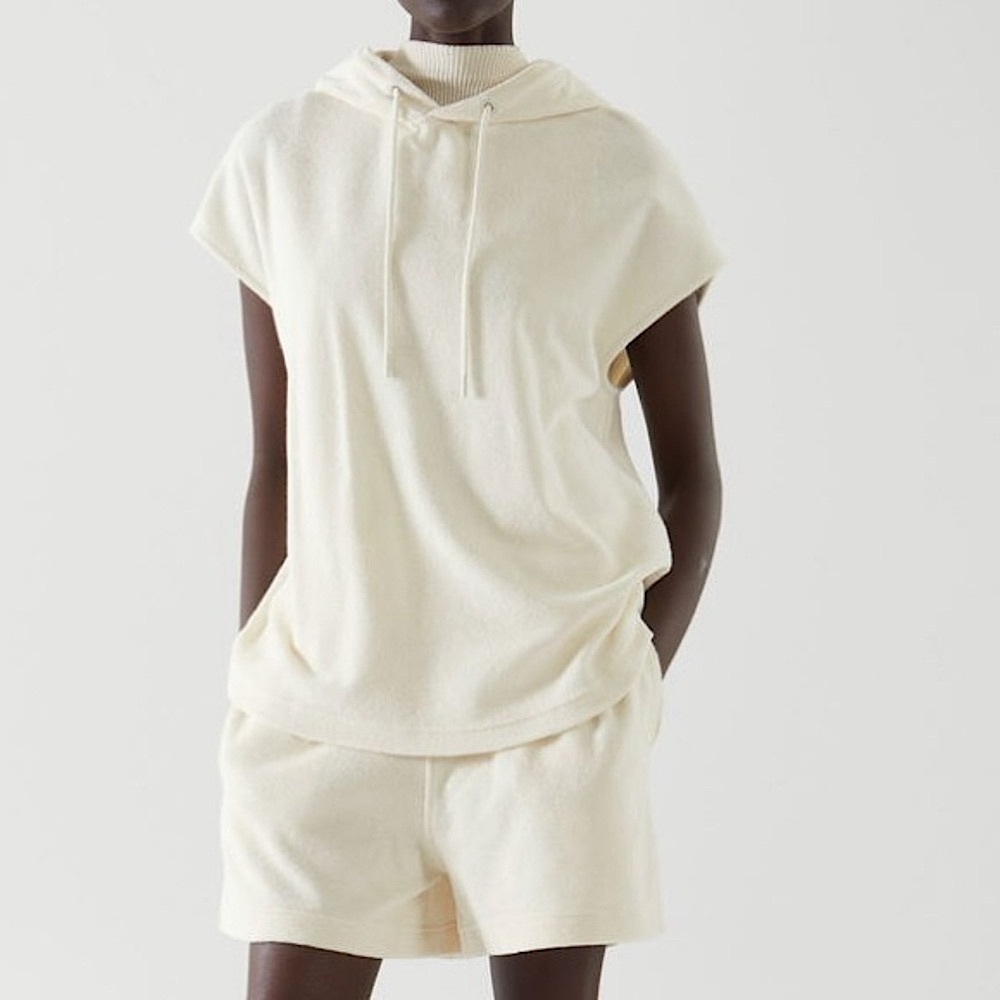 COS Sleeveless Hooded Terry Short Sleeve Hoodie Top, Cream Beige, Size‎ XS